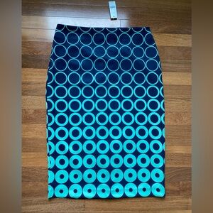 New York & Company, stretch pencil skirt. Navy Blue with teal circles pattern